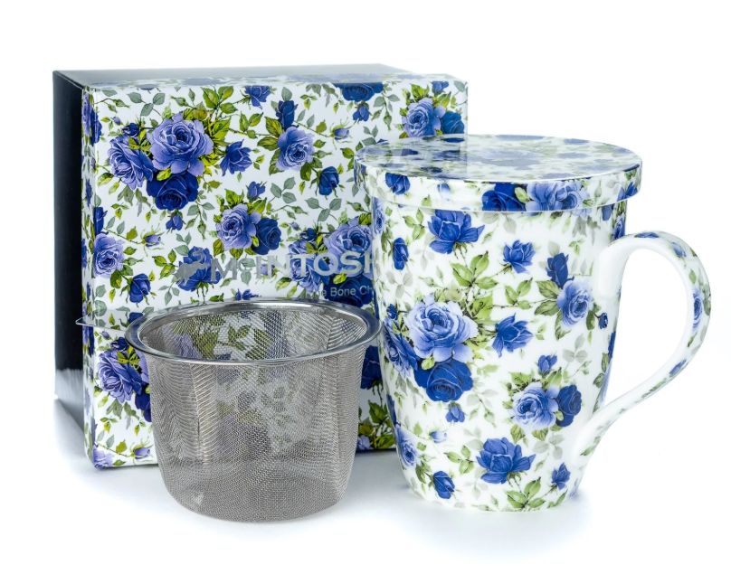 McIntosh Fine Bone China | Blue Roses Tea Mug w/Infuser